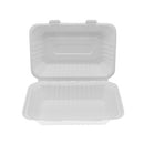 WHITE HINGED BAGASSE CONTAINER 9"x6"x3" - 250 per case