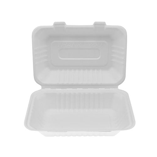 WHITE HINGED BAGASSE CONTAINER 9"x6"x3" - 250 per case