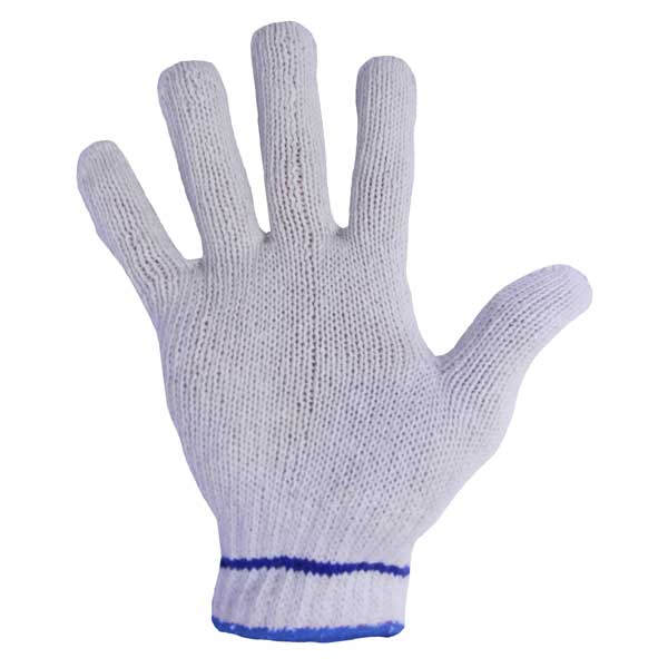 POLY/COTON STRINGKNIT GLOVES WITH BLUE LINE AND YELLOW WRIST SERGING MEDIUM - 12 pairs